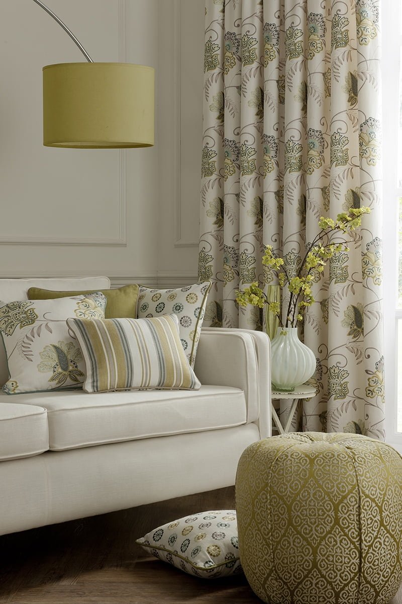 Green and cream patterned curtains