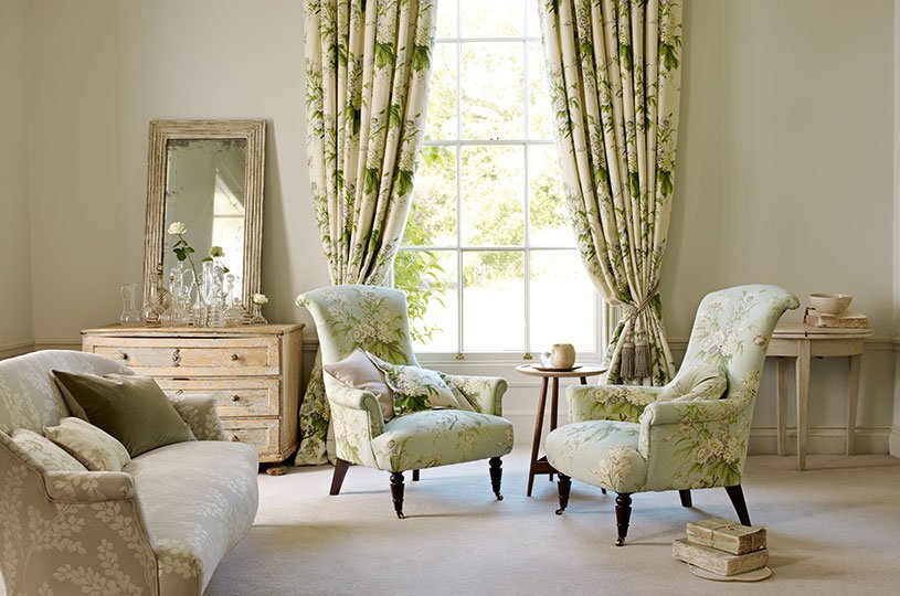 Green floral living room curtains